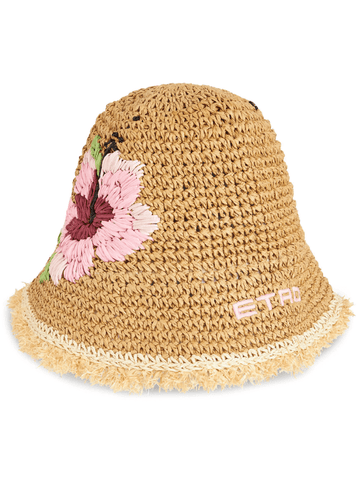 floral-embroidered raffia bucket hat