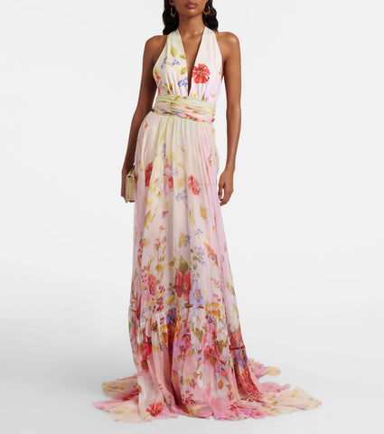 Long Chiffon Dress with Miami Flowers Print
