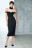 Off-the-shoulder black midi dress