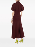 puff-sleeve midi dress in burgundy