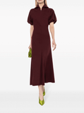 puff-sleeve midi dress in burgundy