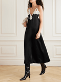 Black lace-trimmed satin midi dress