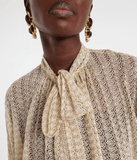 Zigzag tie-neck lamé blouse in light gold