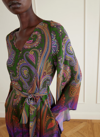 Mini dress with belt and degradé paisley motif