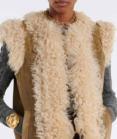 Shearling waistcoat with peacock embroidery