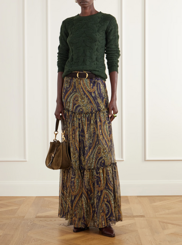 Silk maxi skirt with striped floral paisley motif