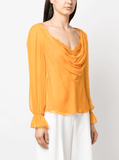 lace-trim long-sleeve silk blouse in orange