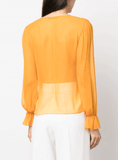 lace-trim long-sleeve silk blouse in orange