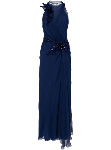 appliqué-detail silk blue dress