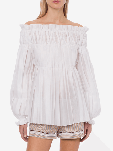 off-shoulder pleated blouse