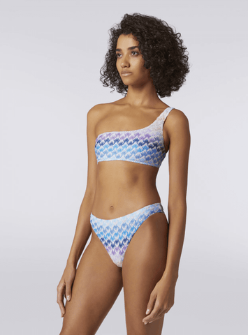 Dégradé lace-effect one-shoulder bikini in blue shades