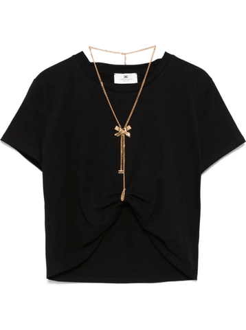 bow-necklace short T-shirt in black