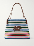 Leather-trimmed striped knitted shoulder bag