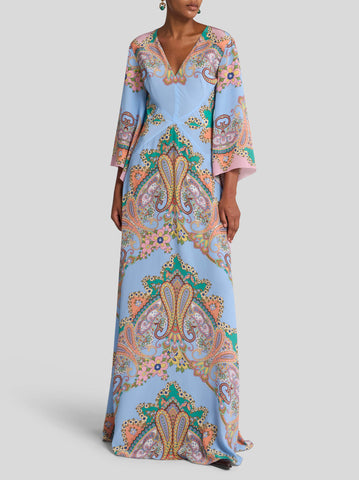 Paisley silk blue print maxi dress